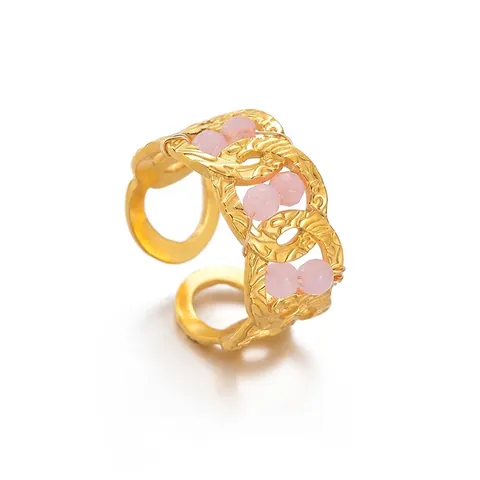 Vintage Vergulde Roestvrijstalen Open Ring Voor Dames Elegante Geometrische In elkaar Grijpende Ring Roze Kralen Sieraden