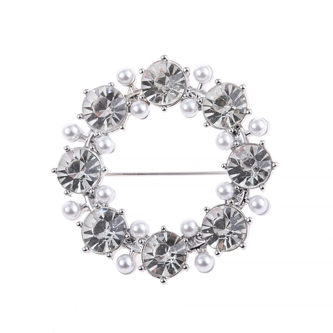 Elegant Alloy Hollow Round Wreath Brooch With Red White Rhinestone Artificial Pearl Gold Silver Plated Women Banquet Jewelry Accessory