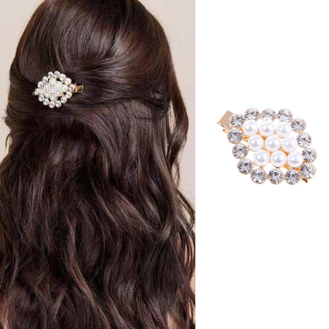Elegante Fermaglio per Capelli da Donna in Lega con Perle Sintetiche e Strass a Rombo Geometrico Oro Argento Accessorio Capelli