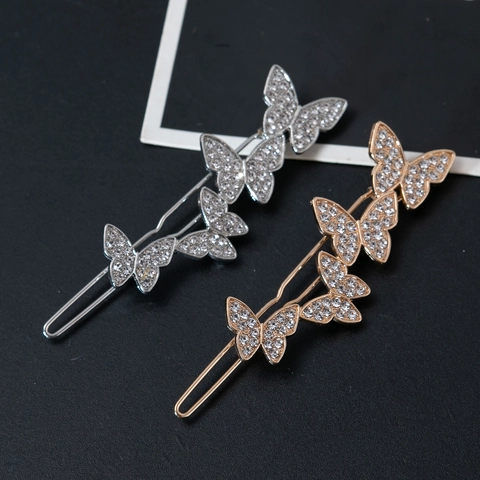 Mode Alliage Strass Papillon Rangée Épingle À Cheveux Or Argent Électroplaqué Pince À Cheveux Pour Femme Élégant Quotidien Coiffe Bijoux