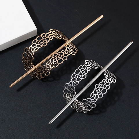 Vintage Hollow Out Alloy Metal Hair Stick Retro Lace Flower Hair Clip Silver Gold Plated Hair Accessory For Women Jewelry