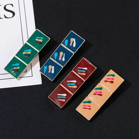 Vintage Geometric Square Enamel Metal Hair Clip For Women Retro Wave Pattern Artistic Duckbill Clip Side Hair Accessory