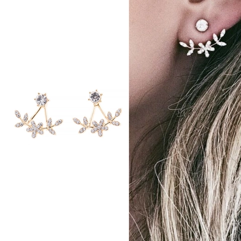 Elegant Alloy Rhinestone Flower Petal Ear Jacket Earrings For Women Wedding Party Jewelry Accessories Shiny Crystal Studs