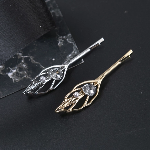 Clip para el Cabello de Hoja Hueca Elegante Aleación Strass Perla Artificial Horquilla Moda Accesorio para el Pelo Mujer Oro Plata