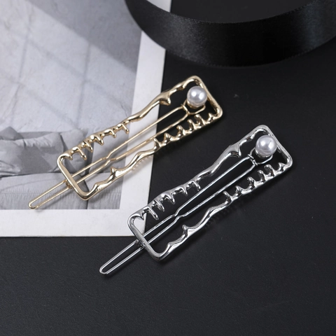 Fermaglio per Capelli da Donna in Lega con Perla Artificiale Cavo Geometrico Rettangolare Onda Accessorio per Capelli Oro Argento