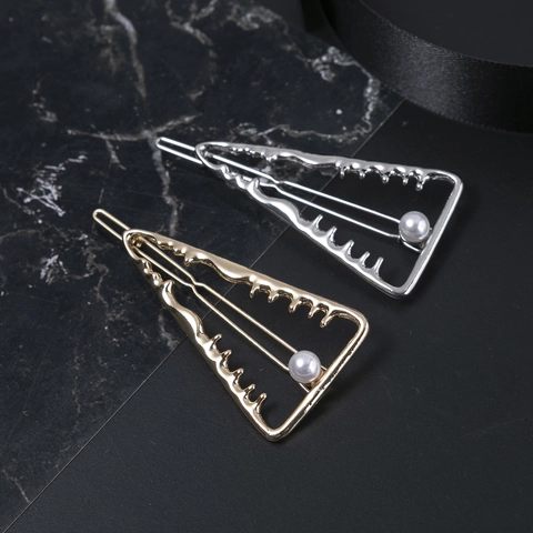 Fermaglio per Capelli in Lega a Triangolo Vuoto Geometrico Con Perla Artificiale Elegante Forcina in Metallo Placcato Oro Argento