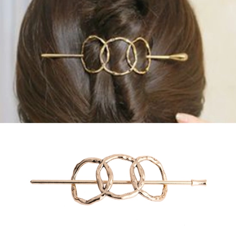 Bastoncino per Capelli Vintage in Lega con Tre Anelli Incastrati Martellato per Donna Elegante Placcato Oro Argento Forcina Minimalista