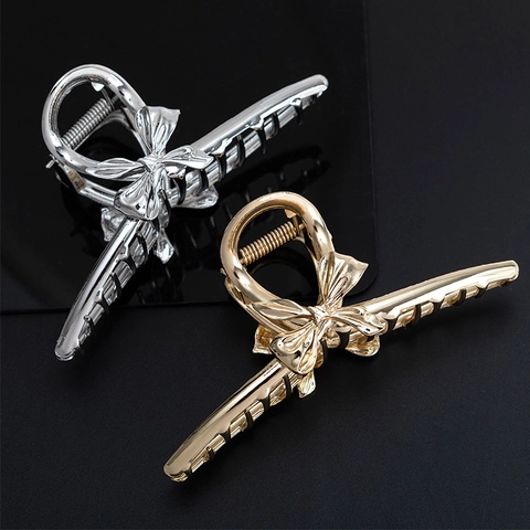 Vintage Elegant Alloy Metal Bow Hair Claw Clip Large Butterfly Hair Catch Clip For Women Gold Silver Fashion Hair Accessories