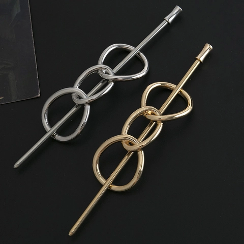 Vintage Minimalist Alloy Interlocking Rings Hair Stick Gold Silver Geometric Chain Hair Pin For Women Hair Styling Accessory