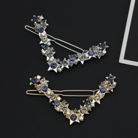 Pasador de Pelo en Forma de V con Diamantes de Imitación de Estrella para Mujer Oro Plata Aleación Cristal Elegante Accesorios para el Cabello Estrellados Joyería