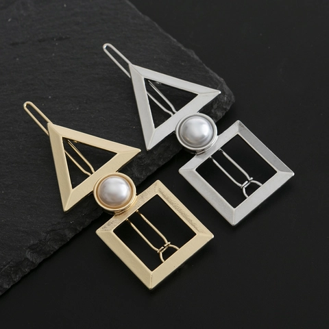Minimalist Alloy Faux Artificial Pearl Geometric Hair Clip Trendy Triangle Square One Word Side Clip For Women Daily Party Hair Accessories