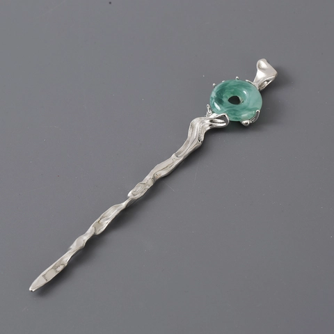 Vintage Alloy Hair Stick Irregular Lava Texture Green Ring Inlay Chinese Style Metal Hair Pin For Women Hair Accessory