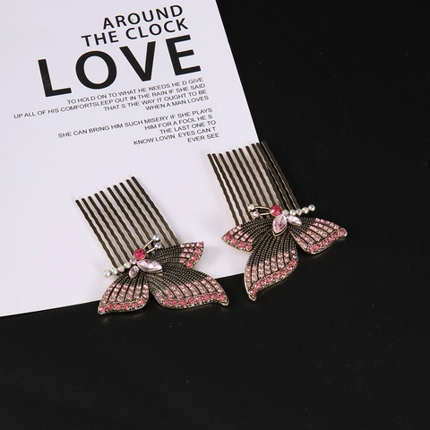 Vintage Legering Roze Strass Vlinder Haarkammen Voor Vrouwen Elegante Vergulde Chinese Stijl Vlinder Haaraccessoires