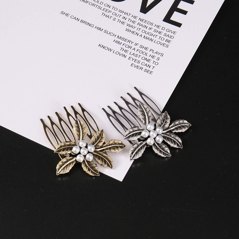 Pettine per Capelli in Lega Vintage a Forma di Foglia e Fiore Con Perla Artificiale per Donna Accessori Retro Nozze Festa