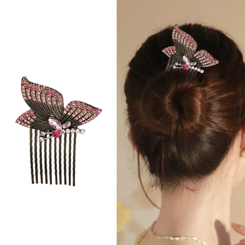 Vintage Legering Roze Strass Vlinder Haarkammen Voor Vrouwen Elegante Vergulde Chinese Stijl Vlinder Haaraccessoires