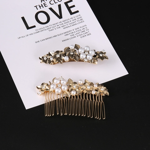 Pettine per Capelli in Stile Cinese Vintage Lega Perla Artificiale Strass Floreale Farfalla Oro Bronzo Fermaglio Accessori