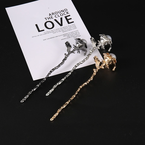 Vintage Neue Chinesische Stil Rose Blume Haarstab Metall Haarnadel Mit Künstlicher Perle Legierung Galvanisierte Haarschmuck Für Damen