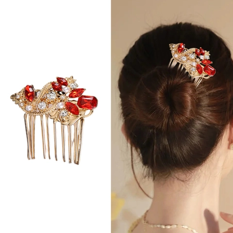 Pettine per Capelli in Lega in Stile Cinese Vintage Con Strass Rossi Bianchi Perla Artificiale Placcato Oro Forcina per Capelli Gioielli Donna