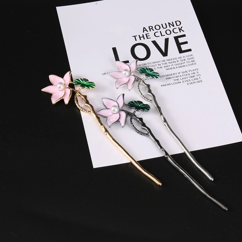 Bastoncino per Capelli in Smalto a Forma di Orchidea Vintage in Lega con Perla Artificiale Accessori per Capelli Hanfu Donna