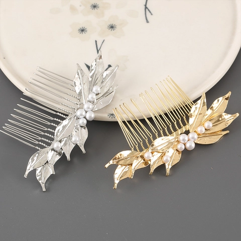 Elegante Pettine per Capelli in Lega con Künstliche Perle e Foglie Vintage Metallo Traforato Accessorio Sposa Festa Donna Gioielli