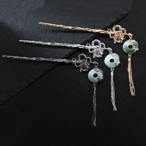 Bastoncino per Capelli in Lega Stile Cinese Con Nappe in Imitazione Giada Drago Fiore Gioielli per Capelli Retrò per Donna