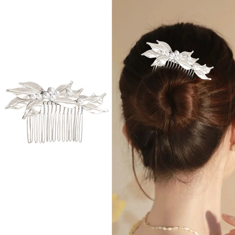 Elegante Pettine per Capelli in Lega con Künstliche Perle e Foglie Vintage Metallo Traforato Accessorio Sposa Festa Donna Gioielli