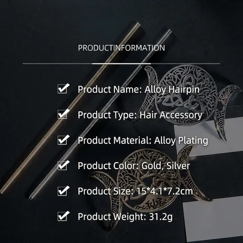 Vintage Alloy Hair Stick Celtic Knot Tree Of Life Triple Moon Hair Slide Hollow Out Viking Hair Accessory For Women