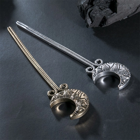 Pic à Cheveux Croissant de Lune en Alliage Vintage Fourche à Cheveux Mandala Gravé pour Femmes Style Bohème Ethnique Minimaliste