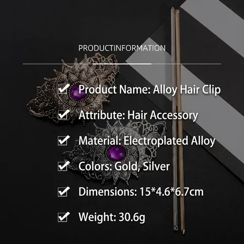 Bacchetta per Capelli Mandala Vuota in Lega Vintage Con Strass Viola Accessorio per Capelli Stile Bohémien per Donna
