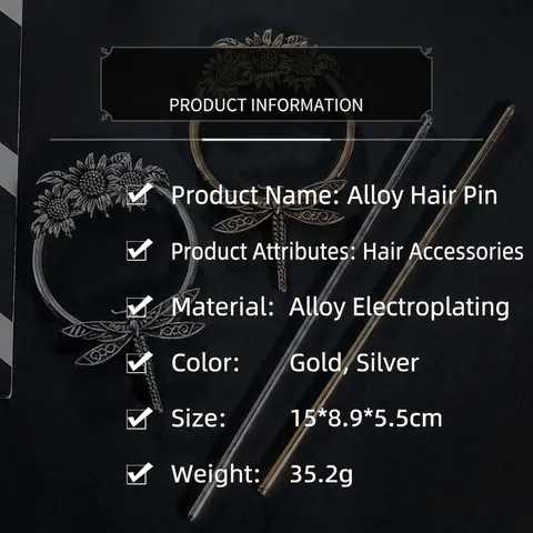 Bastoncino per Capelli Vintage in Lega con Girasole e Libellula per Donna Forcina Rotonda Cava Accessori per Capelli in Metallo