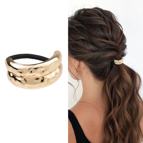 Minimalistische Legierung Gehämmert Textur Haargummi Personalisierte Mode Elastische Metall Haarseil Gold Silber Damen Schmuck