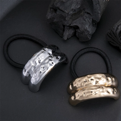 Minimalist Alloy Hammered Texture Hair Tie Personalized Fashion Elastic Metal Hair Rope Gold Silver For Women Jewelry