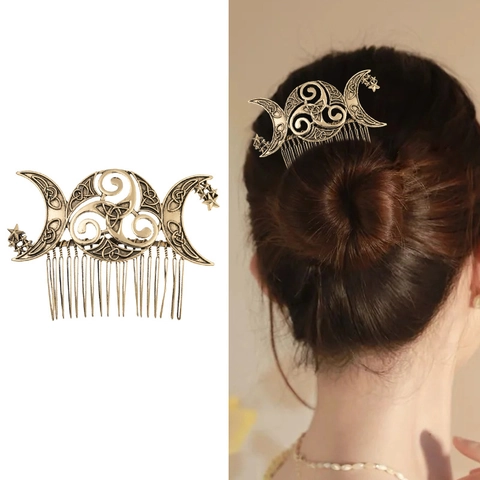 Pettine Laterale in Lega Vintage Tripla Luna Nodo Celtico Stella Design Boho Wicca Pagan Accessorio per Capelli Donna Gioielli