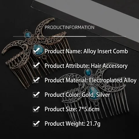 Peigne à Cheveux Rétro en Alliage Lune Étoile Bohémien Strass Bleu Mystique Mariage Fête Accessoires Cheveux Femme