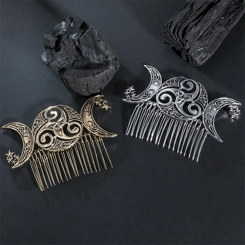 Vintage Alloy Hair Side Comb Triple Moon Celtic Knot Star Design Bohemian Wicca Pagan Hair Accessory For Women Jewelry