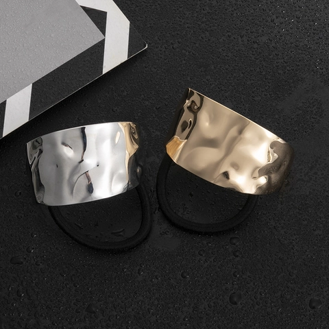 Irregular Hammered Alloy Metal Hair Tie For Women Simple Style High Ponytail Elastic Hair Band Metallic Scrunchie Gold Silver Fashion Hair Accessories