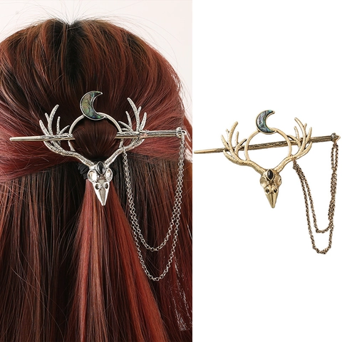 Vintage Gothic Alloy Deer Antler Moon Skull Hair Stick With Tassel Chain Retro Antique Gold Silver Rhinestone Hairpin For Women