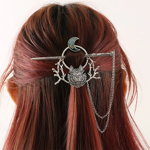 Palo de Pelo Gótico Vintage Cabeza de Lobo Luna Con Cadena de Borla Aleación Retro Animal Mítico Mujer Joyería