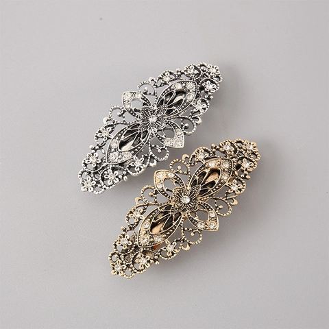 Fermaglio per Capelli Retrò Svuotato Floreale in Lega con Strass Vintage Barrette a Molla per Acconciature da Donna