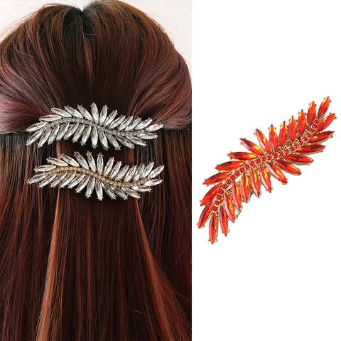 Kreative Blattform Legierung Strass Feder Haarspange Funkelnde Full Drill Design Elegante Hinterkopf Dutt Clip Für Damen