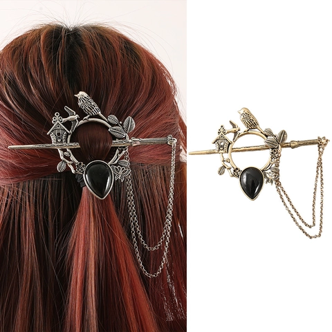 Bastoncino per Capelli in Lega Vintage da Donna Design Retrò con Uccello Fiore Foglia Oro Argento Antico con Nappina Strass