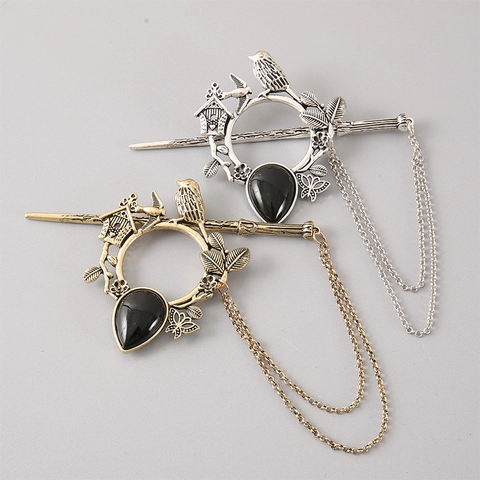 Bastoncino per Capelli in Lega Vintage da Donna Design Retrò con Uccello Fiore Foglia Oro Argento Antico con Nappina Strass
