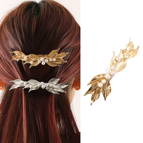 Elegante Fermaglio per Capelli a Forma di Foglia in Lega con Perle Artificiali Clip a Molla in Metallo alla Moda da Donna