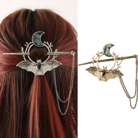Bastoncino per Capelli Vintage Gotico Pipistrello Luna Perno per Capelli in Lega Antica Con Catena Lunga a Nappina Gioielli Retrò per Halloween Donna
