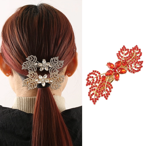 Luxus Legierung Strass Blatt Haarklammer Vintage Hohl Blume Federclip Hochzeit Party Damen Elegant Haarschmuck