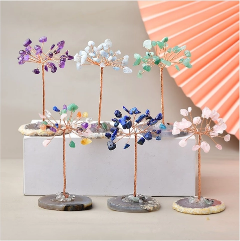 Handmade Natural Crystal Tree Of Life Ornament With Agate Base Wire Wrapped Feng Shui Money Tree For Home Office Decor