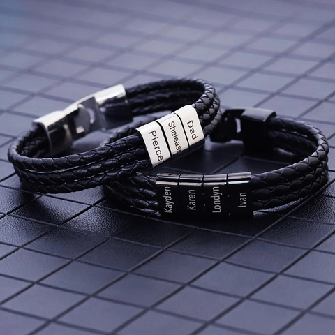 Braided Leather Bracelet For Men Engraved Name Stainless Steel Beads Father Day Gift Jewelry Black Silver
