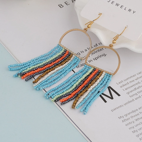 Handmade Bohemian Beaded Tassel Earrings For Women Stainless Steel Ethnic Style Colorful Glass Beads Fringe Drop Earrings