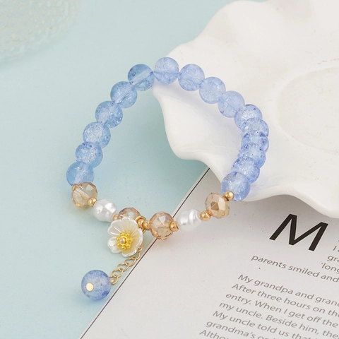 Korean Style Sweet Handmade Beaded Bracelet Glass Beads White Flower Pendant Faux Artificial Pearl Elegant Wrist Jewelry For Women