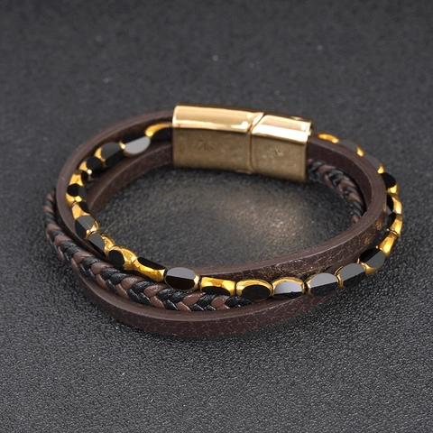 Vintage Men Multilayer Cowhide Leather Bracelet Braided Rope Alloy Magnetic Buckle Coffee Brown Handwoven Men Jewelry
